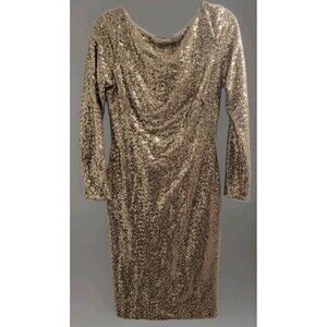 Lauren Ralph Lauren Gold Sequin Long Sleeve Sheath Dress Sz 8 NYE Scoop Back